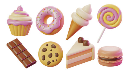 Sweet Treats: 3D Rendering of Cupcake, Donut, Ice Cream, Lollipop, Chocolate, Cookie, Cake and Macaron