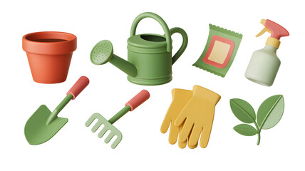 3D Gardening Tools Set: Pot, Watering Can, Seeds, Spray, Shovel, Rake, Gloves and Leaves