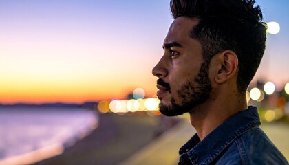 Side portrait of a man against a blurred sunset horizon with bright lights along a promenade with a pensive look