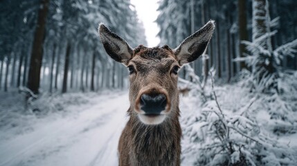 A snowy forest with a deer looking at the camera,