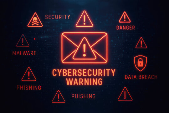 Red neon cybersecurity warning icons surrounding an email symbol with data breach and phishing alerts - Powered by Adobe