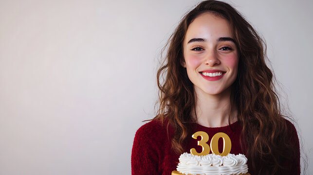 Celebrating a Milestone: A joyful woman smiles, holding a celebratory cake marked with "30." A radiant moment of personal achievement and joyous occasion.
