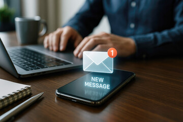 Smartphone displaying new message notification with email icon and person using laptop in background