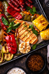 Assortment of grilled bbq meat and vegetables