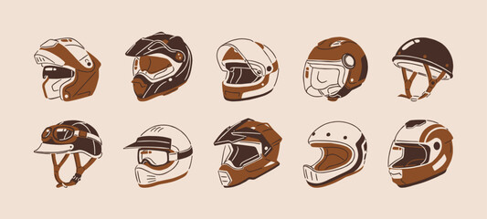 Types of motorcycle helmets set in vintage style. Full face, modular, half, offroad and sport head gear for motor racers. Protective equipment for riders and bikers. Flat isolated vector illustration © Paper Trident