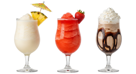 Three refreshing frozen cocktails, including a pineapple, strawberry, and chocolate drink, isolated on transparent background