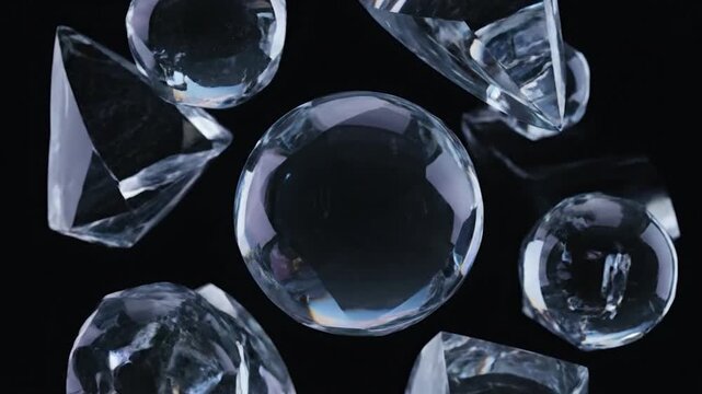 Floating crystal formations of diverse shapes, translucent, reflecting light against a black background