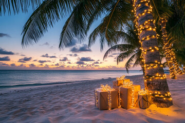 Tropical christmas celebration with gift boxes and palm trees decorated with string lights on the beach