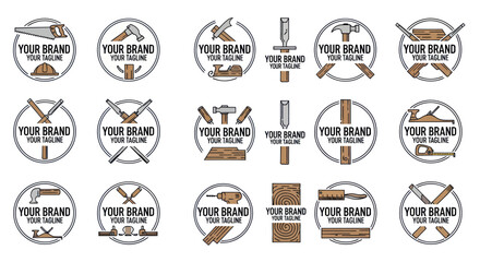 Collection of vintage woodworking and carpentry logo templates.