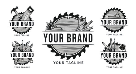Vintage monochrome carpentry logo collection with saw blades and tools.