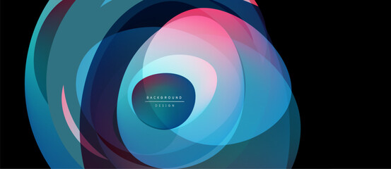 Abstract design features layered shapes, vibrant colors. Blue, pink, teal hues create dynamic visual effect. Modern, flowing composition.