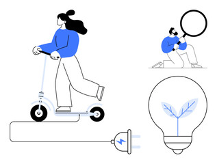 Person riding an electric scooter, plugged charging cable, magnifying glass, and eco-friendly bulb with leaf illustration. Ideal for sustainability, green energy, commuting, eco-living, innovation
