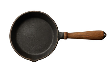 Cast iron frying pan with wooden handle top view isolated on transparent background, a kitchen essential for cooking