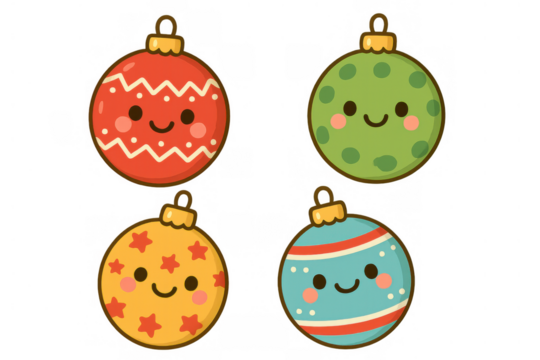 Cartoon christmas ornaments set with happy smiling faces, decorative holiday baubles on transparent background