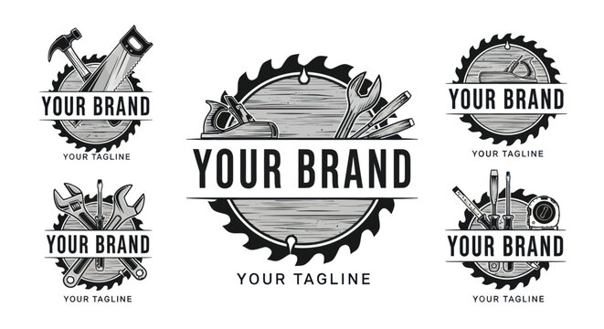 Vintage monochrome carpentry logo collection with saw blades and tools. - Powered by Adobe