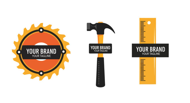 Construction Tools Branding Mockup Featuring a Saw Blade, Hammer, and Ruler.