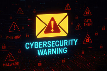 Yellow and red neon cybersecurity warning with email symbol and digital circuit background alert danger
