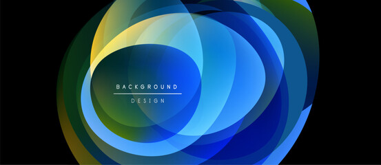 Abstract layers overlap, creating vibrant blue, green, yellow hues. Modern design element for backgrounds, presentations. Smooth gradients present dynamic visual effect.