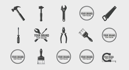 Collection of Hand Tools and Customizable Brand Logos for Construction and Repair Services.