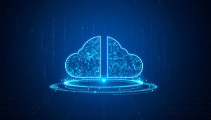 Stunning digital cloud data storage concept with futuristic glowing lines and cybernetic design elements for modern technology