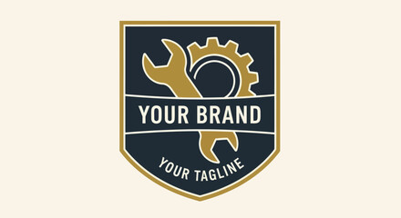 Automotive Repair Service Emblem with Wrench and Gear Logo Design.