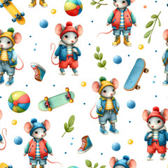 Cute Cartoon Mouse Skater Seamless Pattern - Stylish Rodent Characters in Casual Streetwear with Skateboards, Sneakers, and Toys on a White Background for Fabric, Wallpaper, and Kid's Apparel
