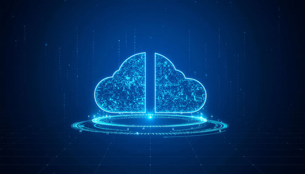Stunning digital cloud data storage concept with futuristic glowing lines and cybernetic design elements for modern technology