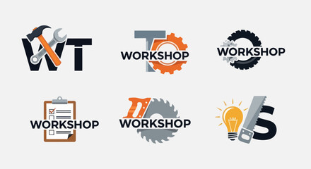 Collection of six workshop logos with tools and text.