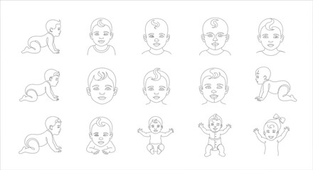 Line art illustration showing the stages of a baby's development from crawling to standing.