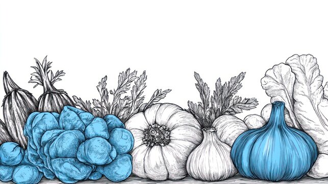 Autumn harvest vegetables border; white background; recipe design