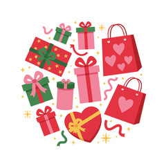 Vector illustration of a circular arrangement of colorful gift boxes, shopping bags, and a heartshaped present, isolated on a