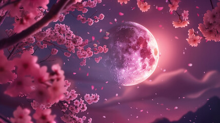Fototapeta na wymiar A full moon lights up a beautiful spring night, casting its glow on the branches of a blossoming tree adorned with delicate pink flowers.