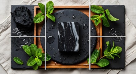 Artisanal Activated Charcoal Soap with Mint Leaves.
