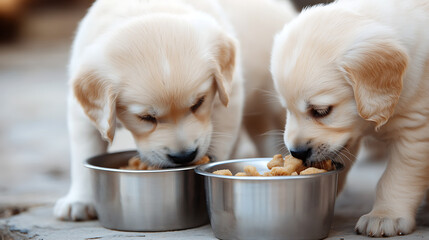 Two adorable golden retriever puppies eagerly enjoy their meal from shiny metal bowls, their soft fur and sweet faces capturing a moment of pure, innocent joy! It's dinnertime!