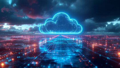 Stunning digital cloud illuminates futuristic network of glowing data streams under dramatic evening sky, symbolizing global connectivity