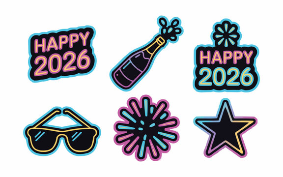 Celebrate the New Year with vibrant Happy 2026 graphics featuring champagne, stars, and festive party elements for exciting event designs.