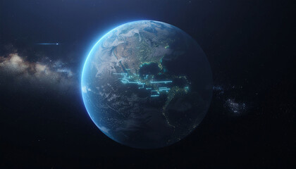 Experience a connected world with this stunning Earth view, showing vibrant glowing networks spanning continents against a backdrop of sparkling stars