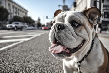 Obraz premium bulldog while standing against busy urban street