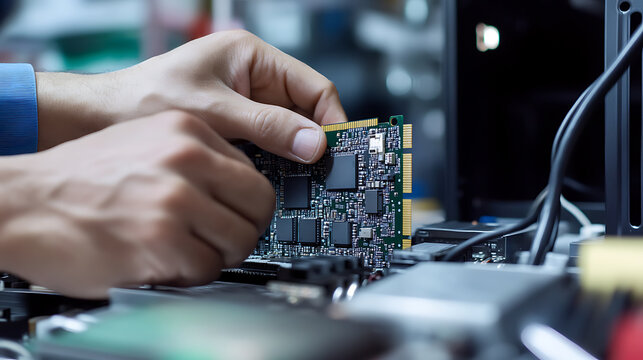 A technician meticulously installs a circuit board, showcasing precision engineering and technological integration. Focus on motherboard assembly & computer components. - Powered by Adobe