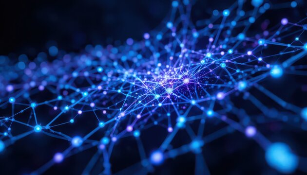Dynamic abstract network of glowing blue and purple nodes connected by luminous lines creating a futuristic digital web of data