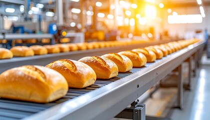 Rows of golden baked bread loaves move along a conveyor belt in a brightly lit industrial food processing factory