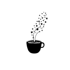 A black coffee cup emitting stars and steam on a white background in a whimsical illustration style
