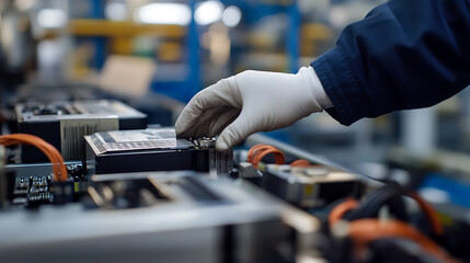 Close-up shot highlighting the careful assembly of electronic components, focusing on precision and quality control within a manufacturing process. Clean, organized workspace.