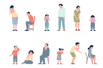 Stress characters. Tired office people with dizziness effects. Housewife, manager, boss, school children hold heads, feeling headache, recent vector set