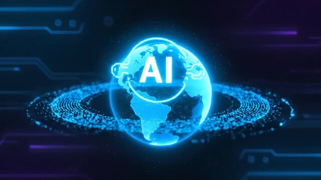 Glowing blue globe with AI text surrounded by a ring of dots, set against a circuit board - Powered by Adobe