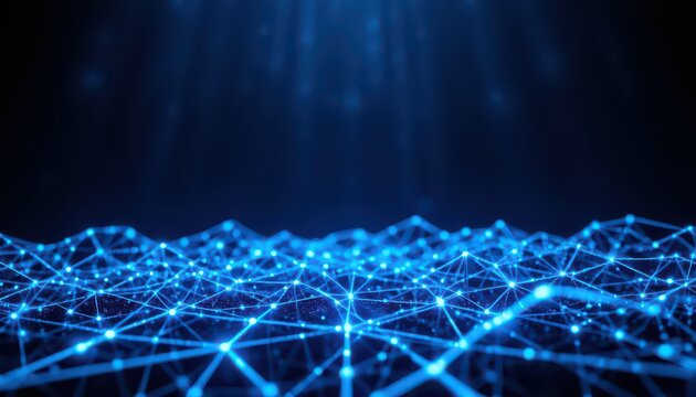 Dynamic glowing blue network grid with abstract connections pulsing with digital energy against a dark background