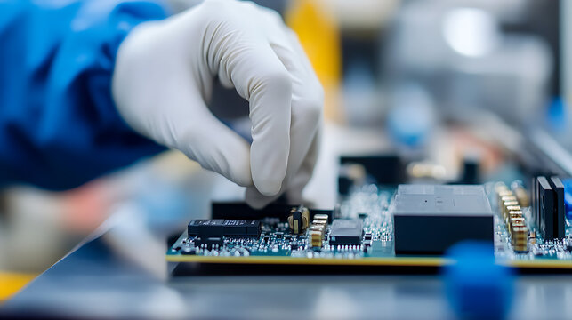Gloved hand carefully places components on a printed circuit board, showcasing precision engineering in a manufacturing setting. Focus is on the intricate details.