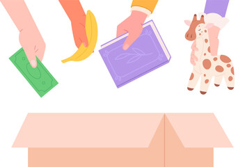 Donations in spesial charity box. Human sharing various things, donation money, food, books, toys for children. Collect social gift, vector concept