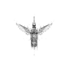 Illustration of big ben clock tower with wings in black and white intricate line art design style drawing