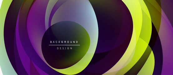 Abstract layers create dynamic composition. Purple, yellow hues blend, forming circular patterns. Modern design element for backgrounds.